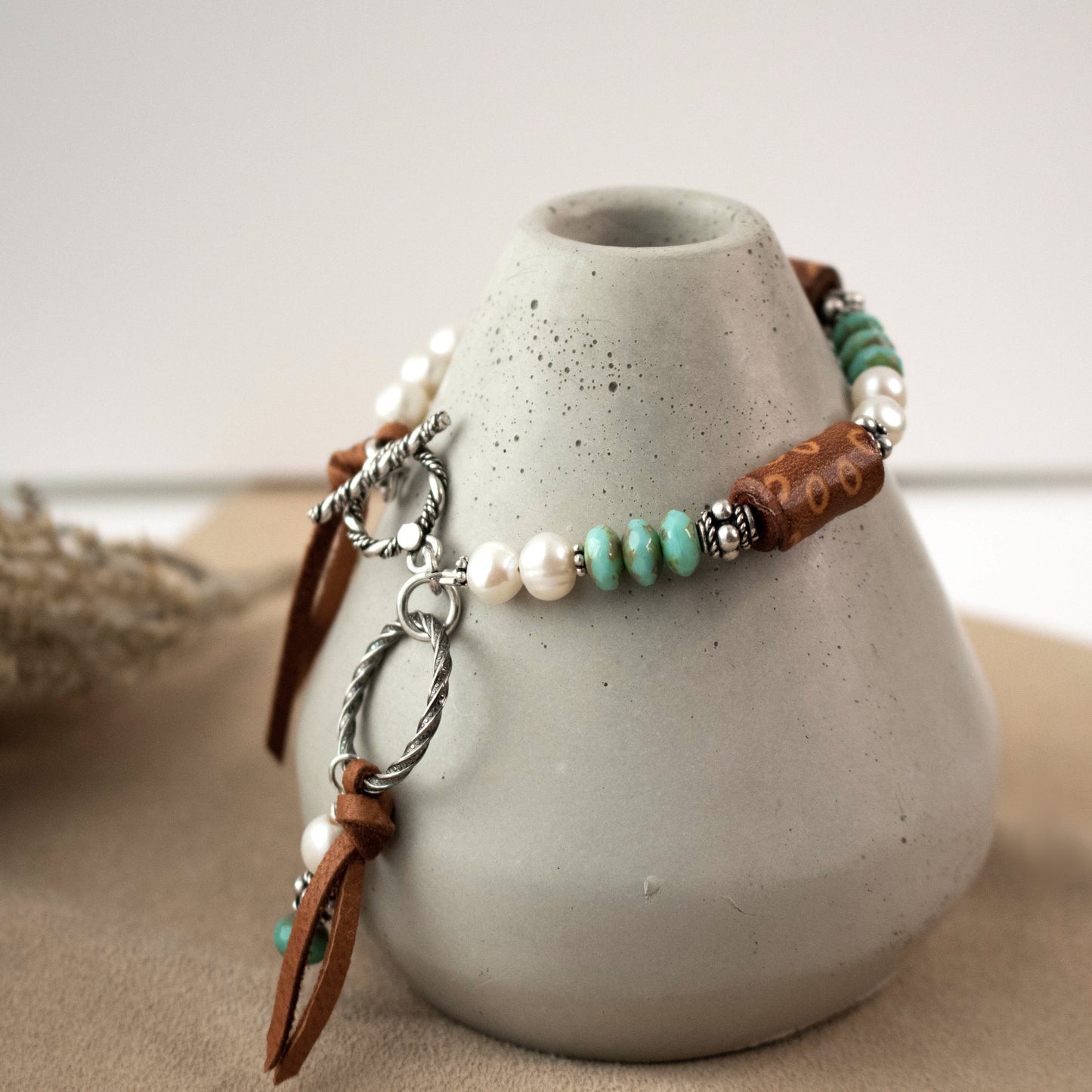 Leather Leaf Fresh Water Pearl Turquoise Bracelet-Womens-LittleGreenRoomJewelry-LittleGreenRoomJewelry