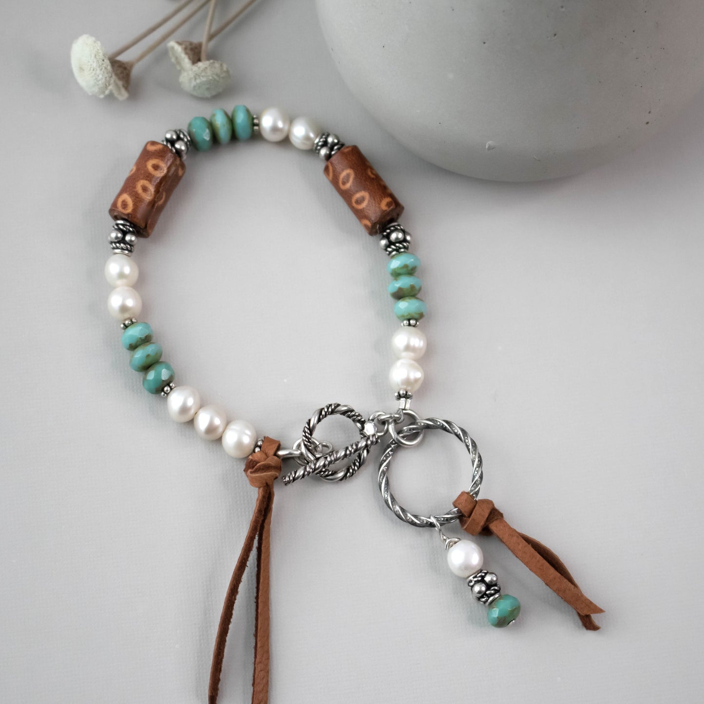 Leather Leaf Fresh Water Pearl Turquoise Bracelet-Womens-LittleGreenRoomJewelry-LittleGreenRoomJewelry