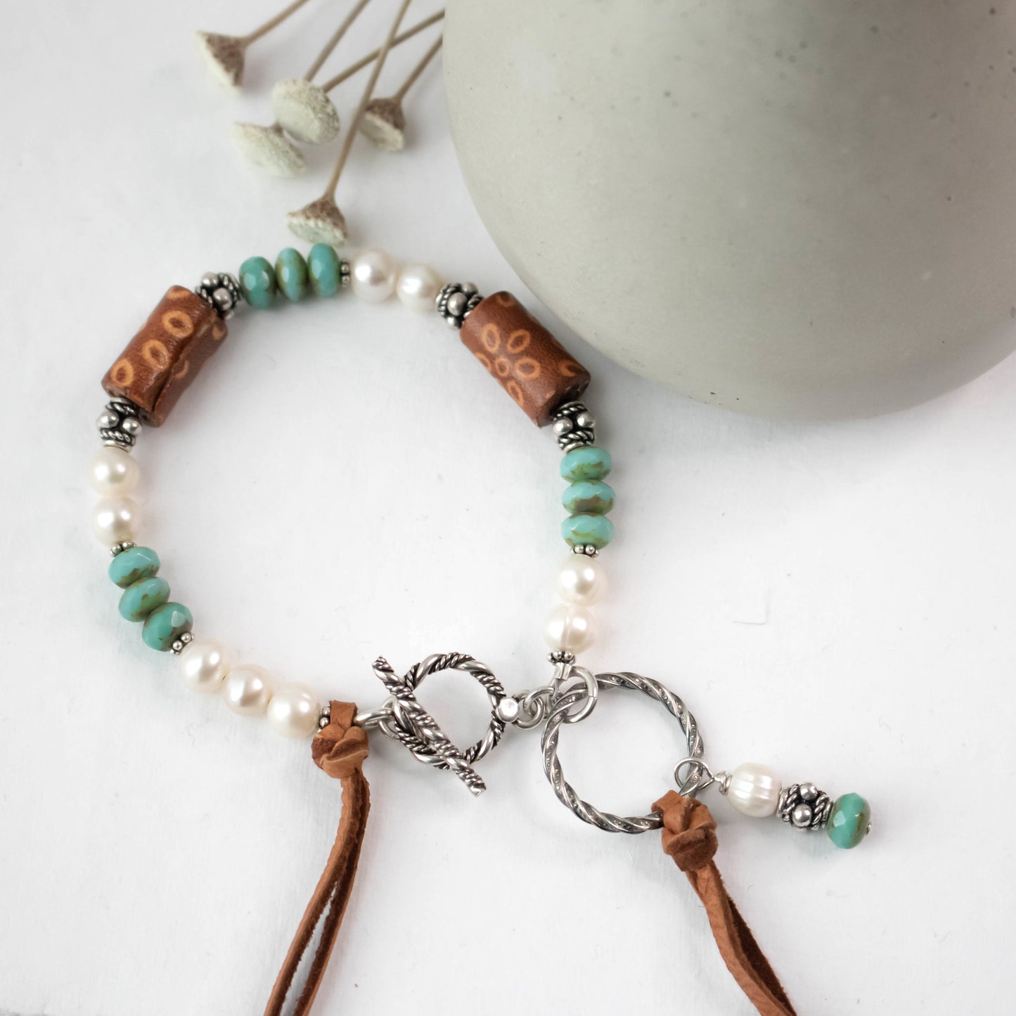Leather Leaf Fresh Water Pearl Turquoise Bracelet-Womens-LittleGreenRoomJewelry-LittleGreenRoomJewelry