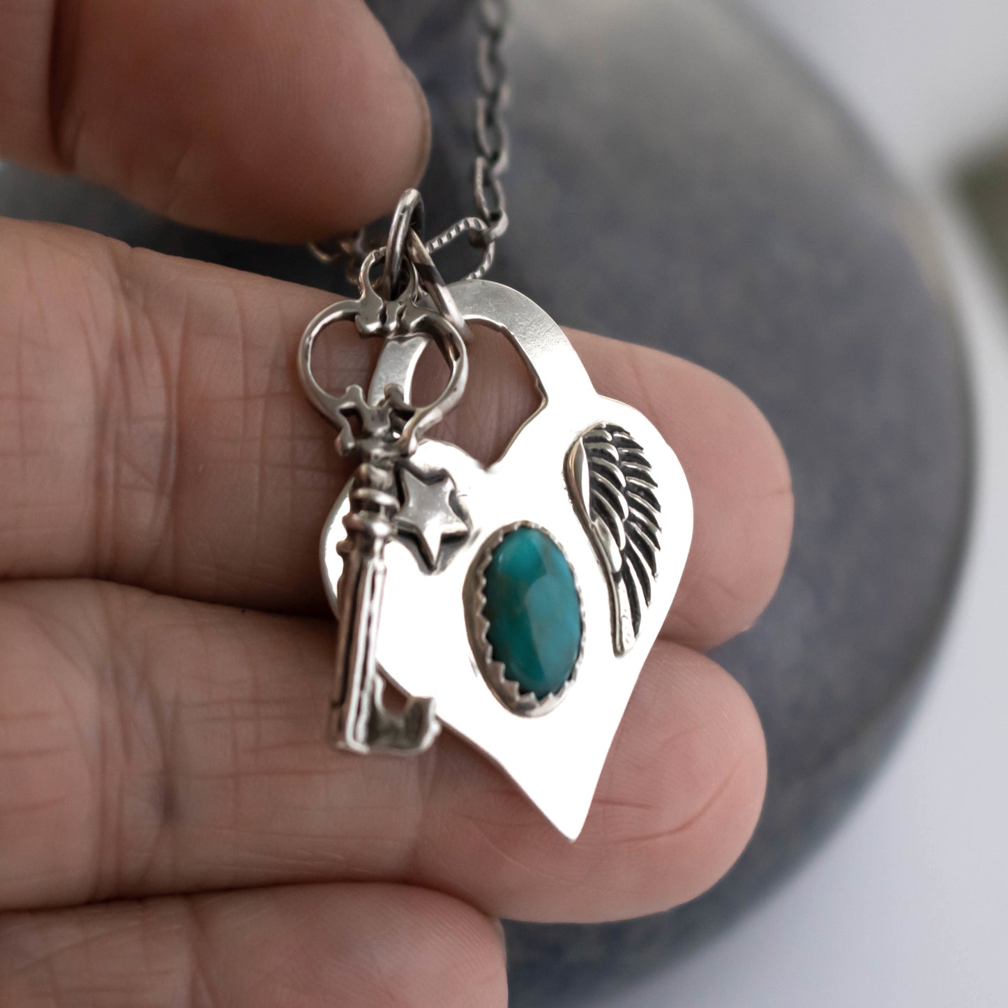 Sterling Silver Heart And Key Locket With Angel Wing And Star Charm Necklace-Womens-LittleGreenRoomJewelry-LittleGreenRoomJewelry