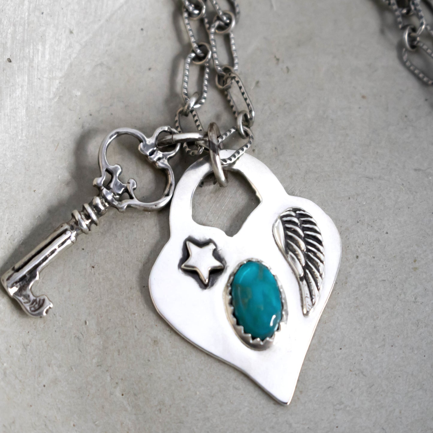 Sterling Silver Heart And Key Locket With Angel Wing And Star Charm Necklace-Womens-LittleGreenRoomJewelry-LittleGreenRoomJewelry