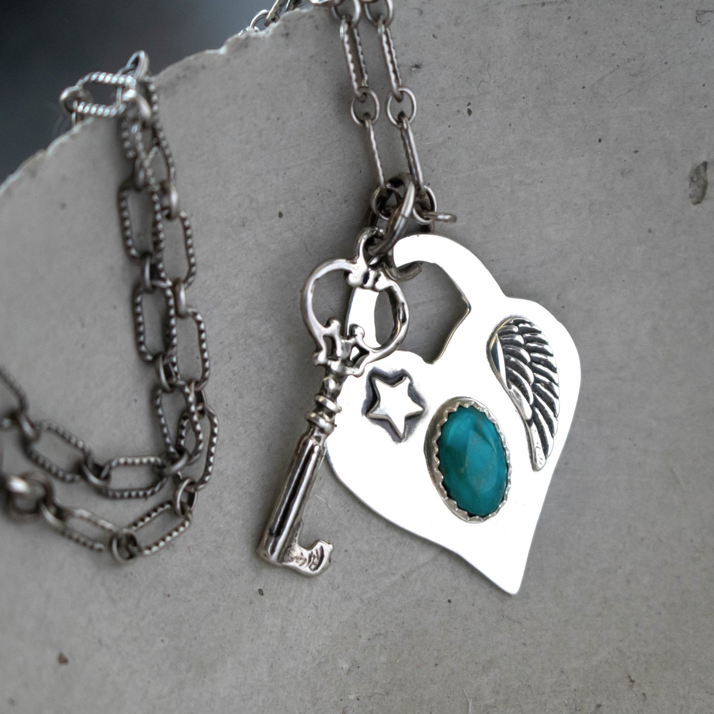 Sterling Silver Heart And Key Locket With Angel Wing And Star Charm Necklace-Womens-LittleGreenRoomJewelry-LittleGreenRoomJewelry