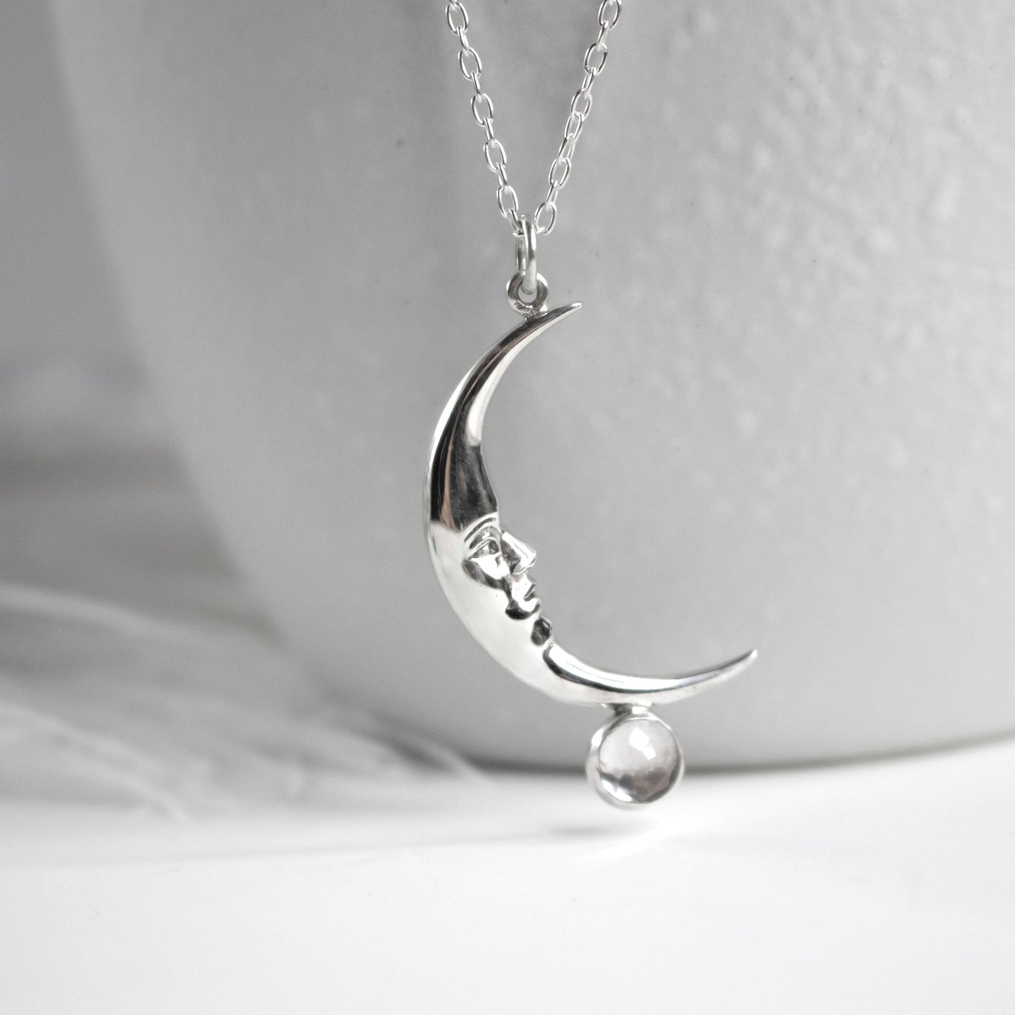 Crescent Moon Necklace With Faceted White Topaz Gemstone-Womens-LittleGreenRoomJewelry-LittleGreenRoomJewelry