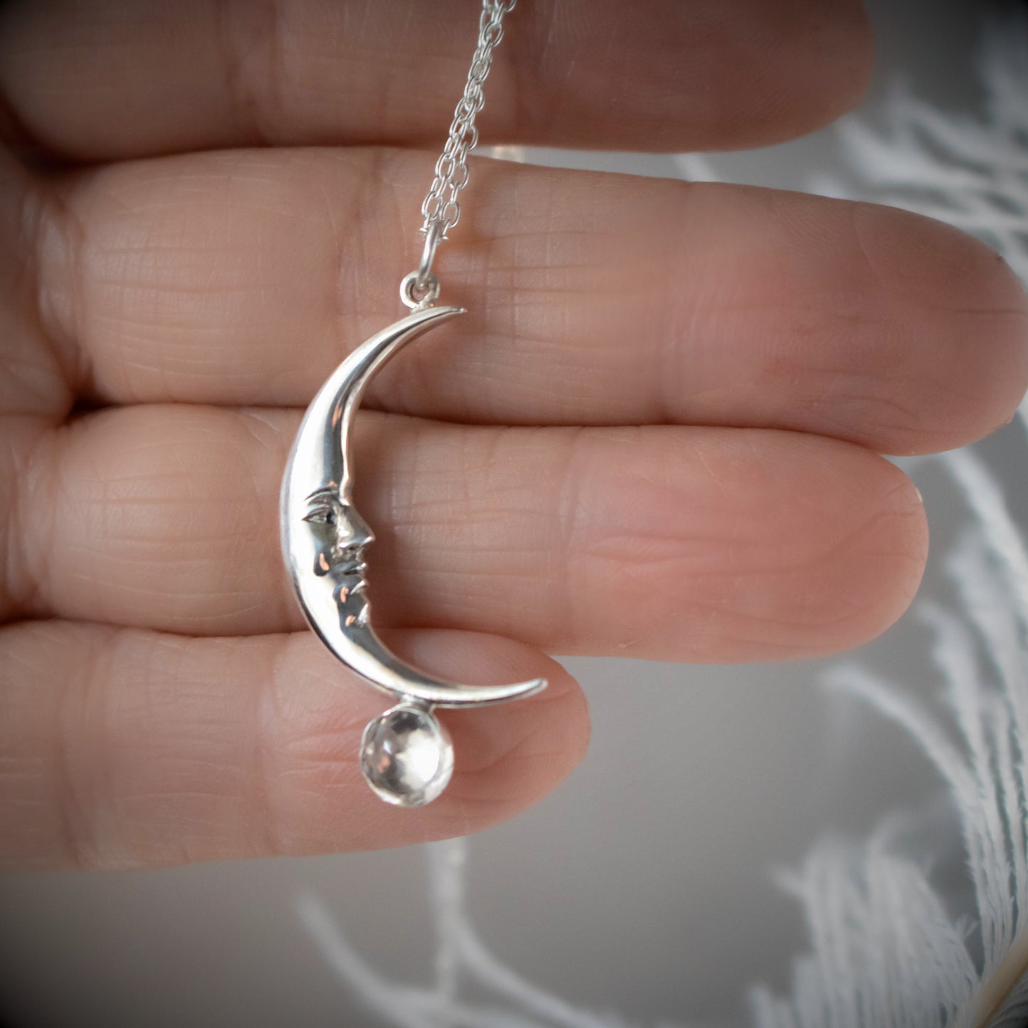 Crescent Moon Necklace With Faceted White Topaz Gemstone-Womens-LittleGreenRoomJewelry-LittleGreenRoomJewelry