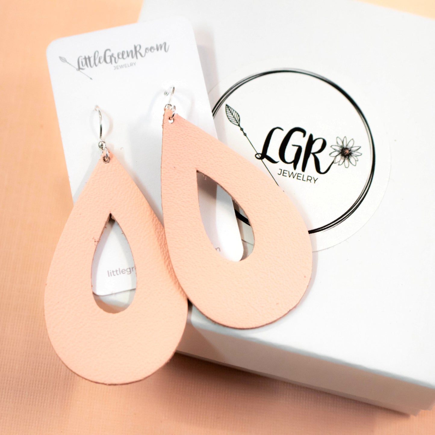 Peach Teardrop Leather Earrings-Womens-LittleGreenRoomJewelry-LittleGreenRoomJewelry