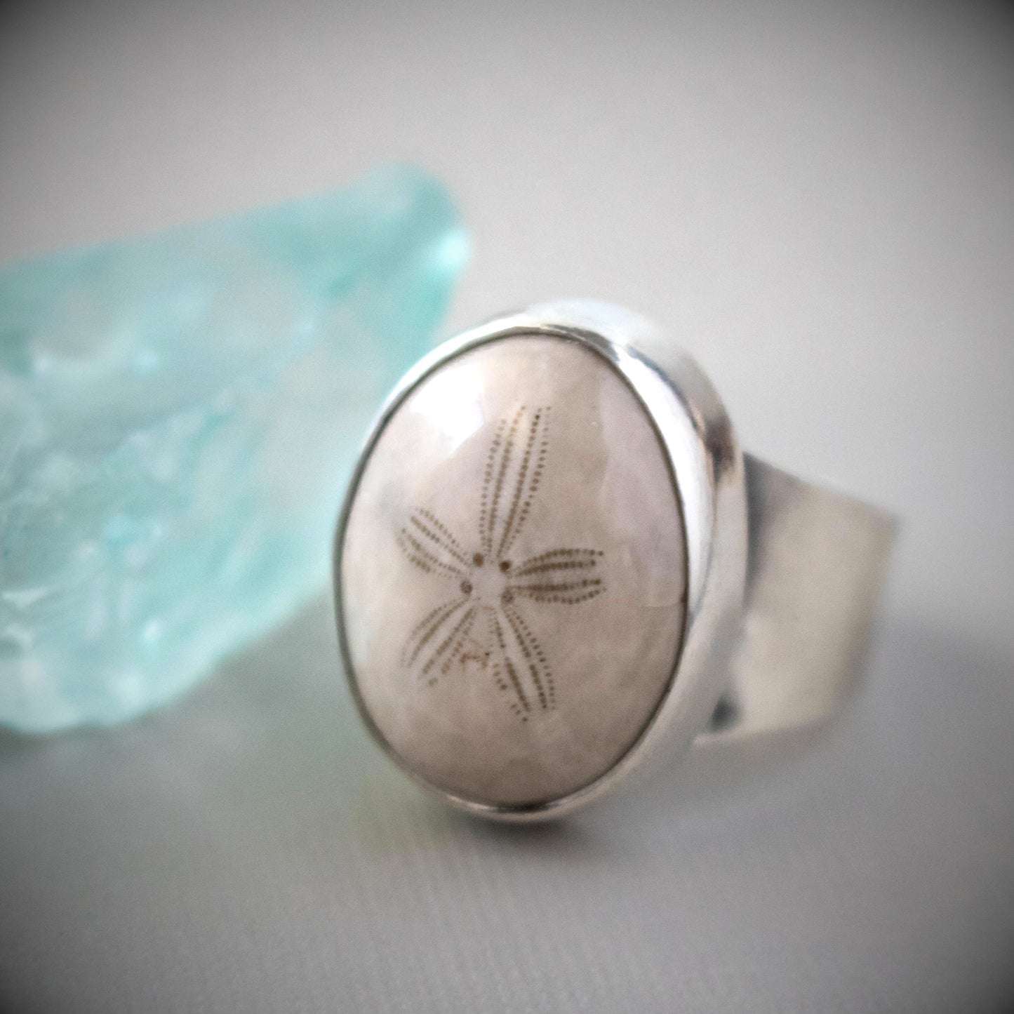 Sterling Silver Fossil Sand Dollar Ring-Womens-LittleGreenRoomJewelry-LittleGreenRoomJewelry