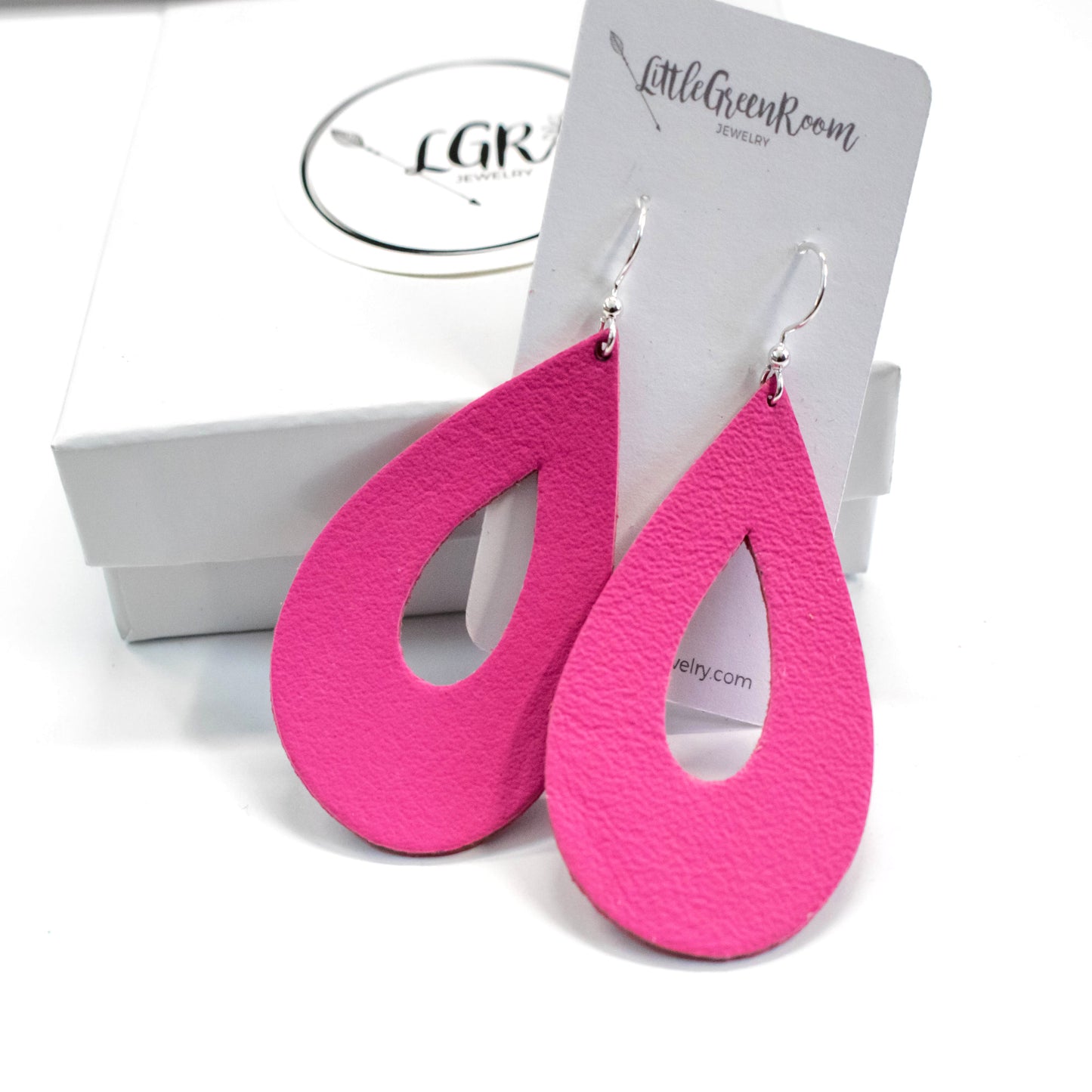 Bright Pink Leather Teardrop Earrings-Womens-LittleGreenRoomJewelry-LittleGreenRoomJewelry
