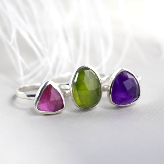 Purple Amethyst Ring, Faceted Thailand Pink Sapphire Ring, Green Vesuvianite Gemstone Ring-Womens-LitttleGreenRoomJewelry-LittleGreenRoomJewelry