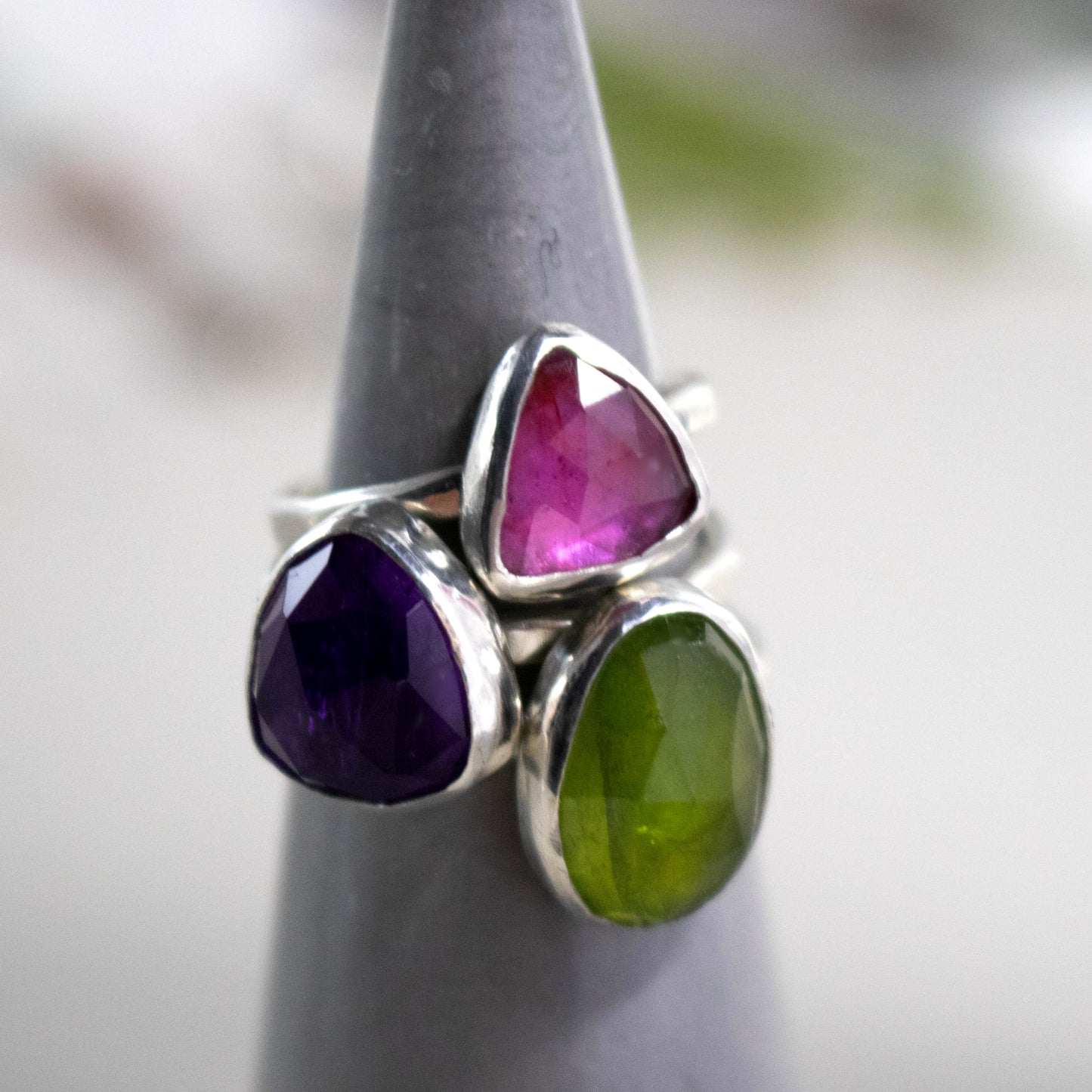 Purple Amethyst Ring, Faceted Thailand Pink Sapphire Ring, Green Vesuvianite Gemstone Ring-Womens-LitttleGreenRoomJewelry-LittleGreenRoomJewelry