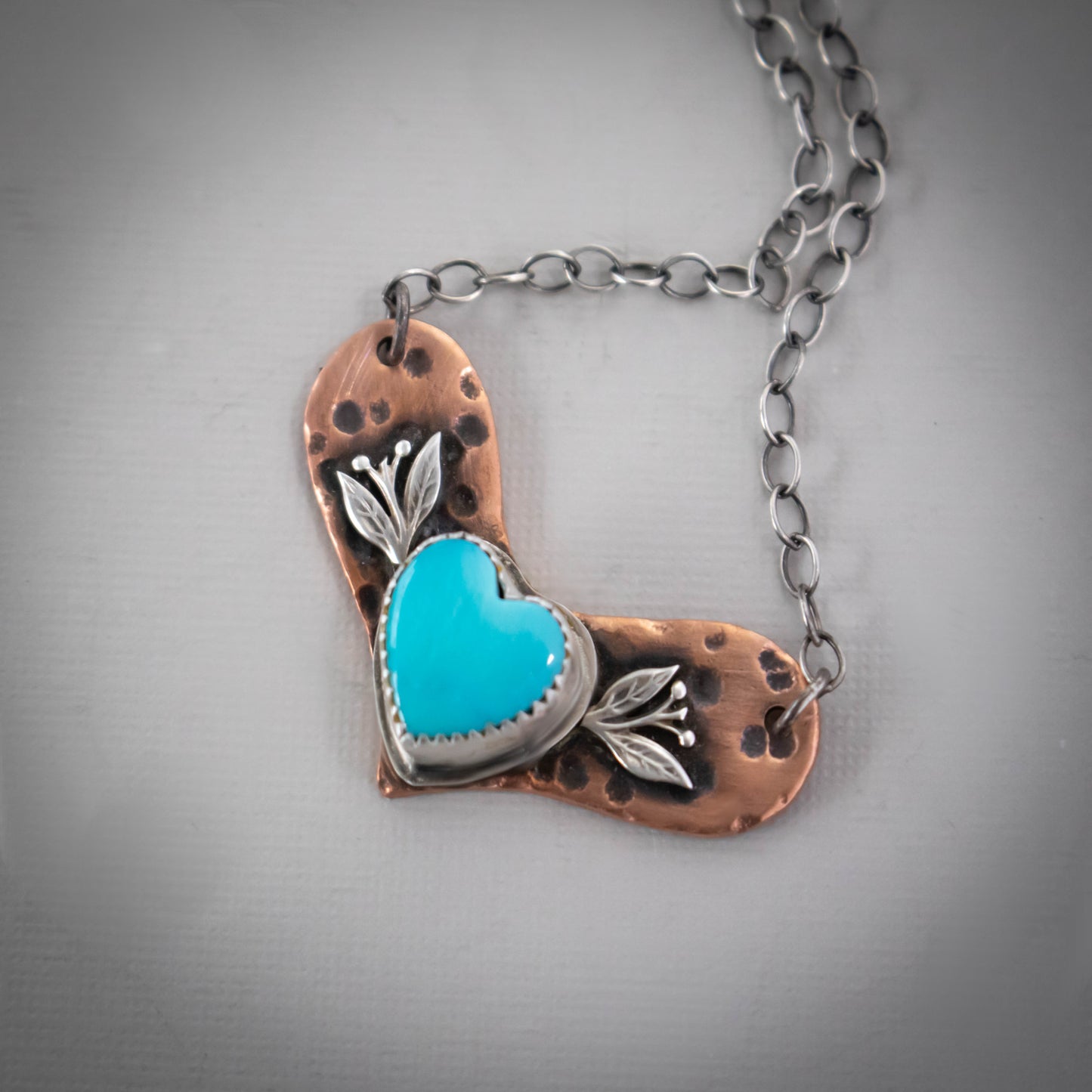 Copper And Turquoise Heart Leaf Necklace-Womens-LittleGreenRoomJewelry-LittleGreenRoomJewelry