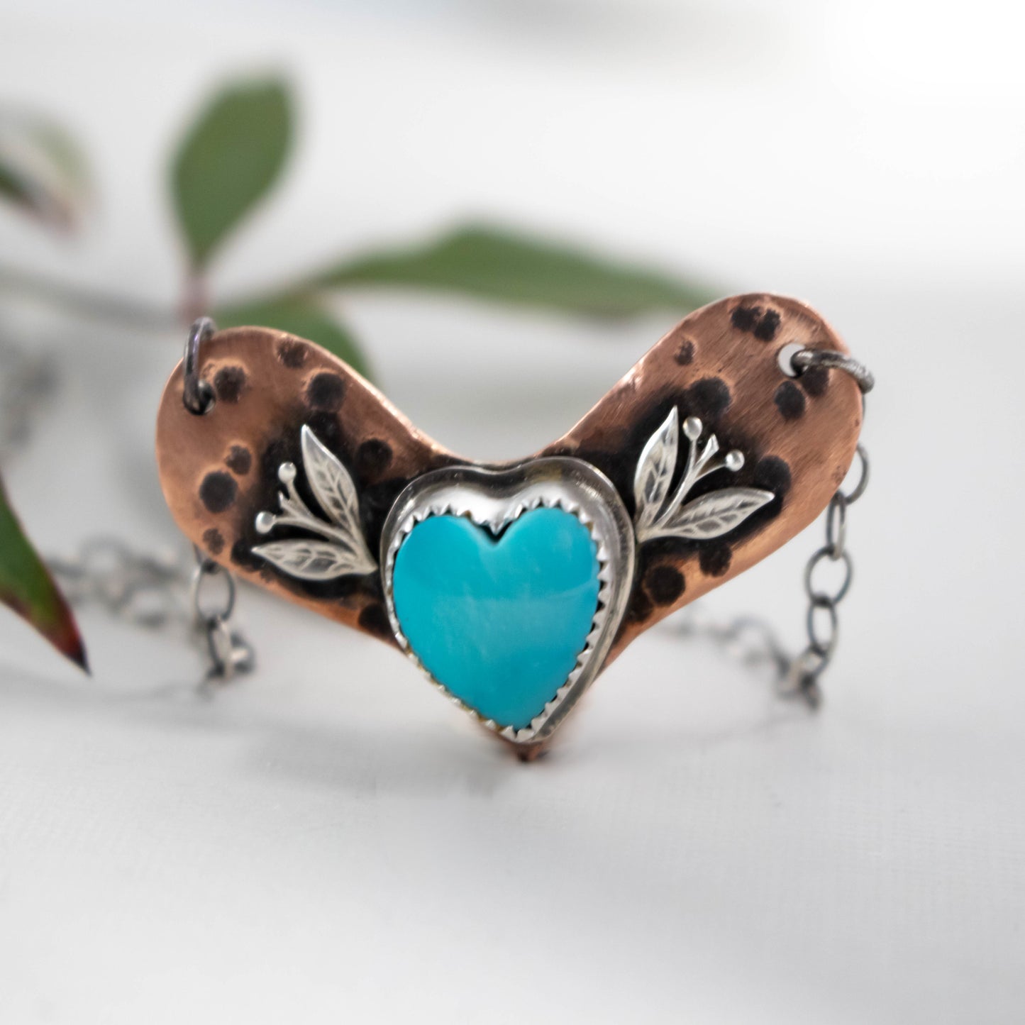 Copper And Turquoise Heart Leaf Necklace-Womens-LittleGreenRoomJewelry-LittleGreenRoomJewelry