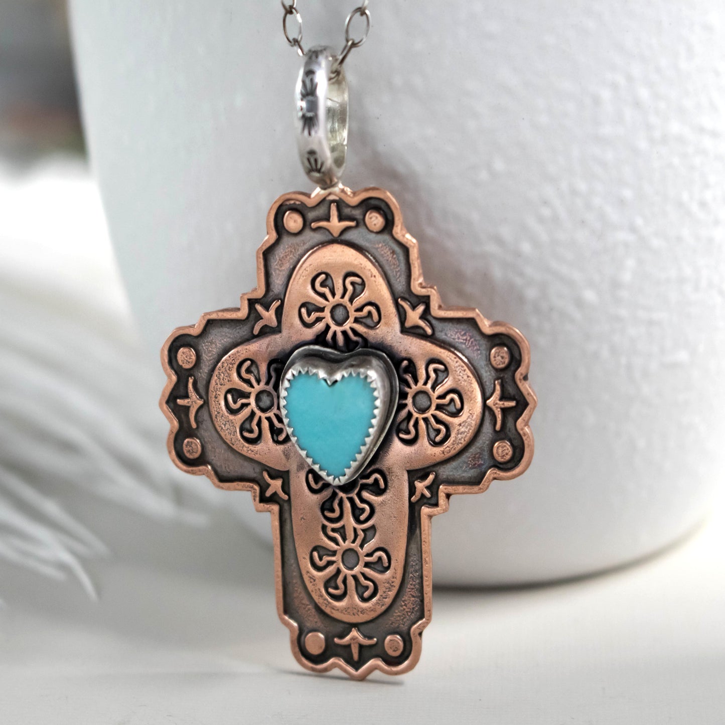 Copper Cross With Turquoise Heart Necklace-Womens-LittleGreenRoomJewelry-LittleGreenRoomJewelry