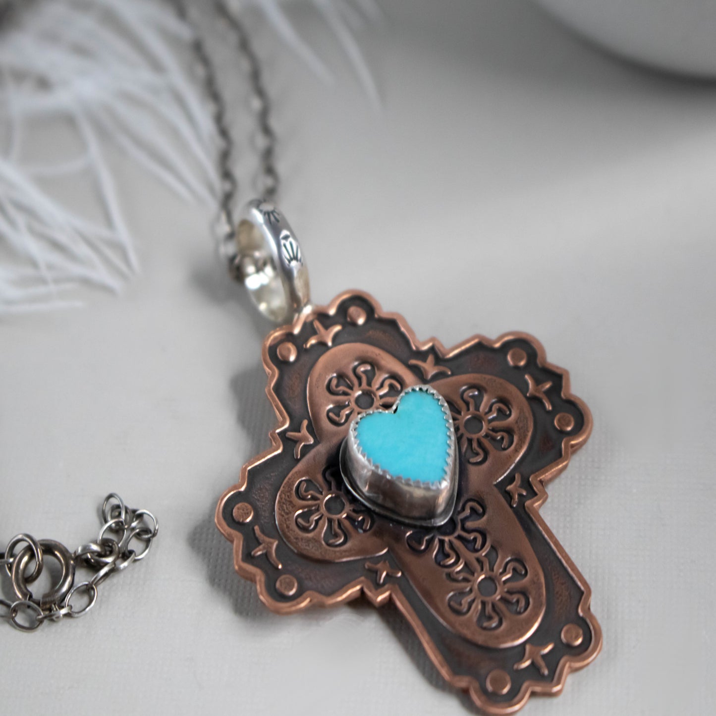 Copper Cross With Turquoise Heart Necklace-Womens-LittleGreenRoomJewelry-LittleGreenRoomJewelry