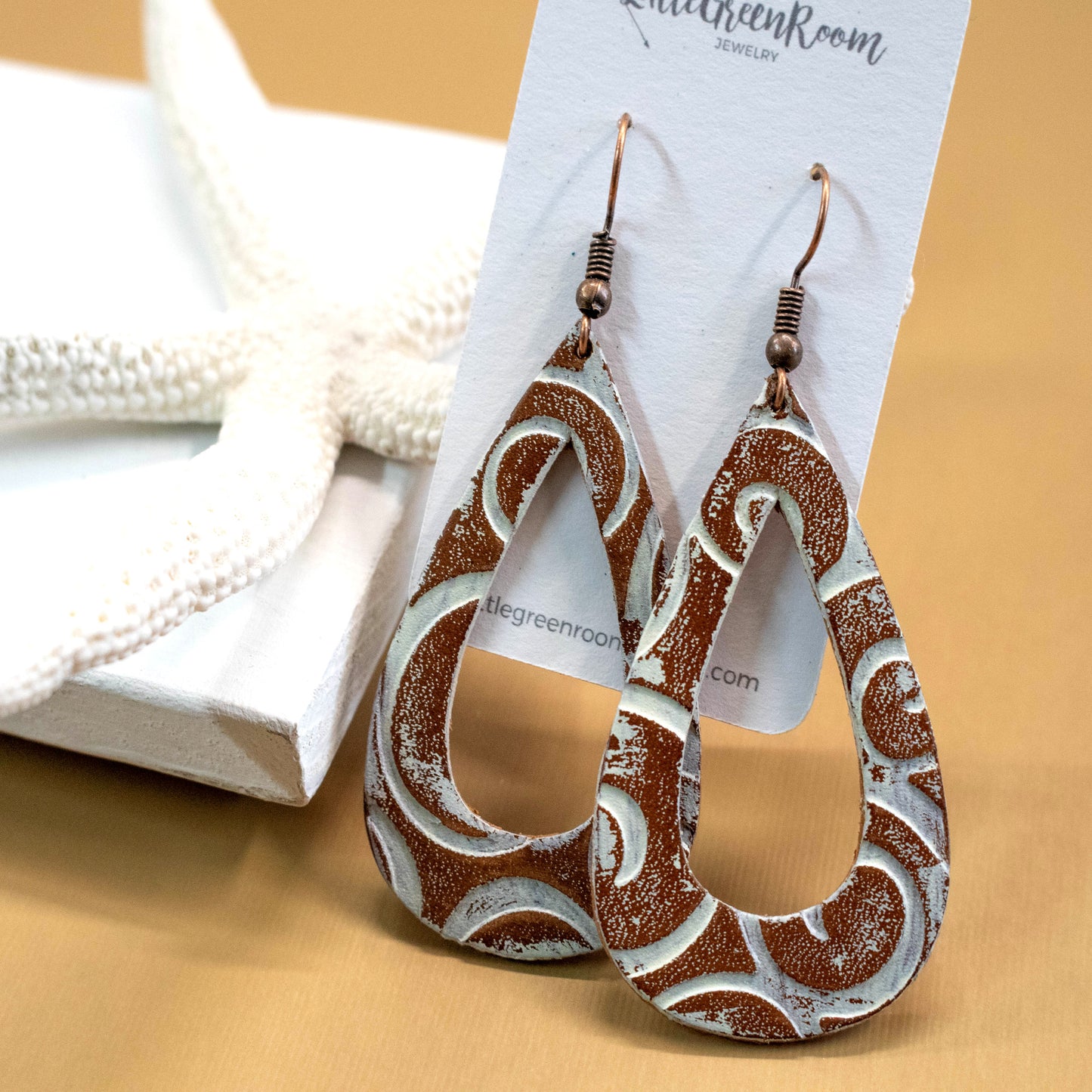 Shabby Chic Painted Leather Teardrop Earrings-Womens-LittleGreenRoomJewelry-LittleGreenRoomJewelry