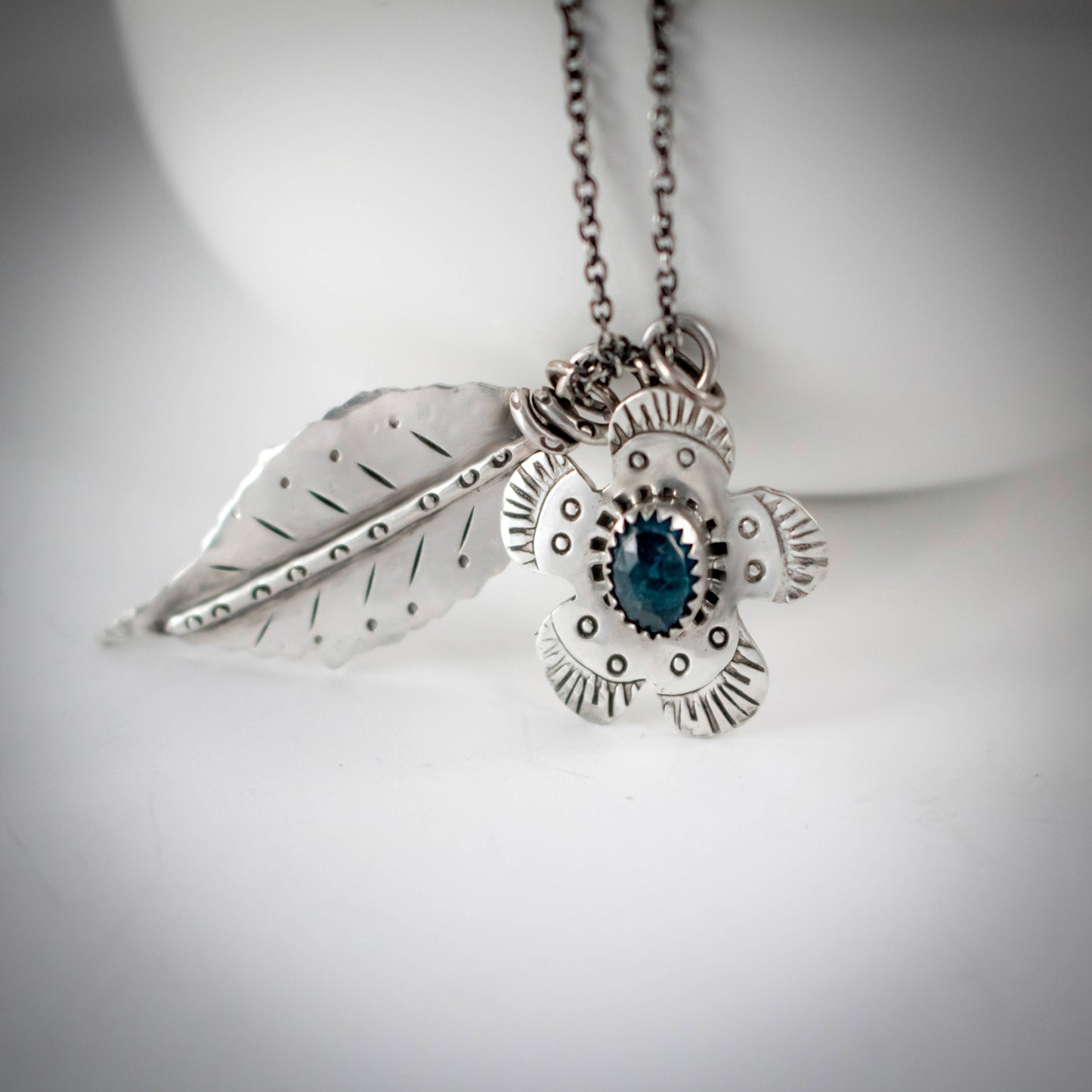 Sterling Silver Flower And Leaf Charm Necklace With Faceted Apatite Gemstone-Womens-LittleGreenRoomJewelry-LittleGreenRoomJewelry
