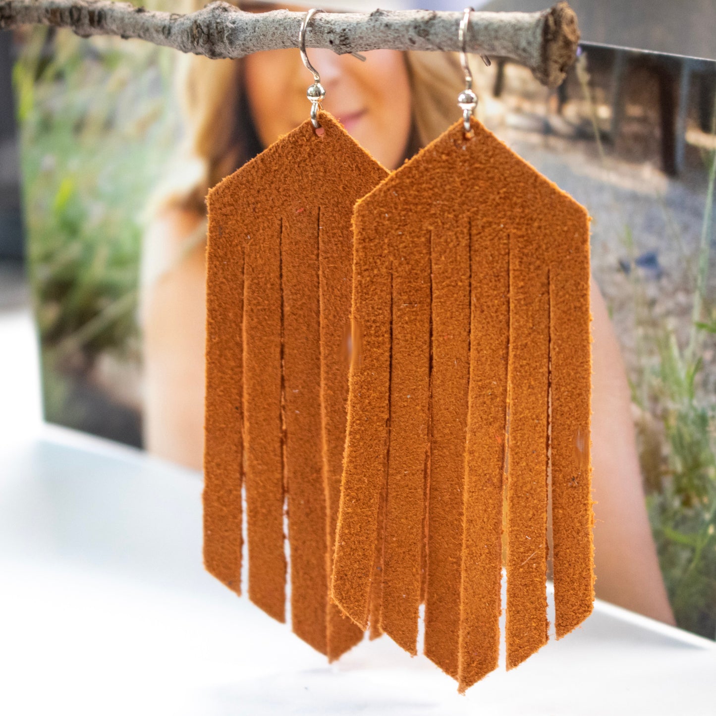 Cinnamon Suede Leather Fringe Earrings-Womens-LittleGreenRoomJewelry-LittleGreenRoomJewelry