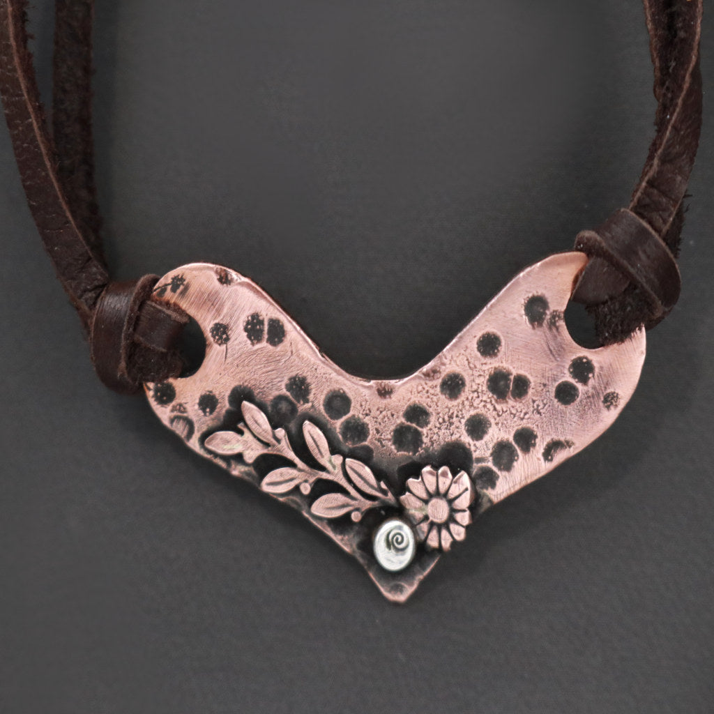 Boho Leather And Copper Flower Heart Necklace-Womens-LittleGreenRoomJewelry-LittleGreenRoomJewelry