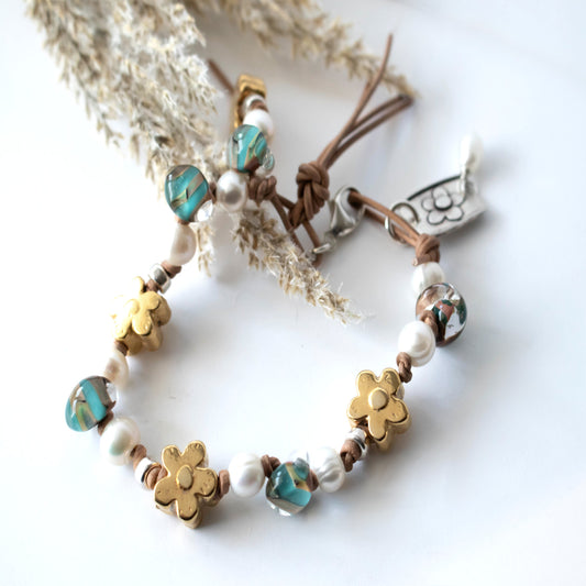 Yellow Sunflower Freshwater Pearl Bracelet-Womens-LittleGreenRoomJewelry-LittleGreenRoomJewelry