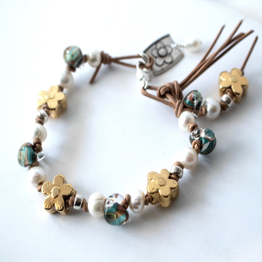 Yellow Sunflower Freshwater Pearl Bracelet-Womens-LittleGreenRoomJewelry-LittleGreenRoomJewelry