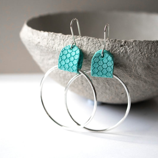 Turquoise Leather Honeycomb Sterling Hoop Earrings-Womens-LittleGreenRoomJewelry-LittleGreenRoomJewelry