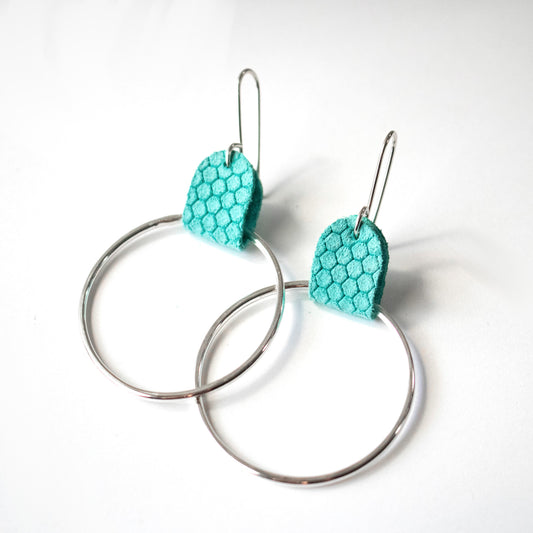 Turquoise Leather Honeycomb Sterling Hoop Earrings-Womens-LittleGreenRoomJewelry-LittleGreenRoomJewelry