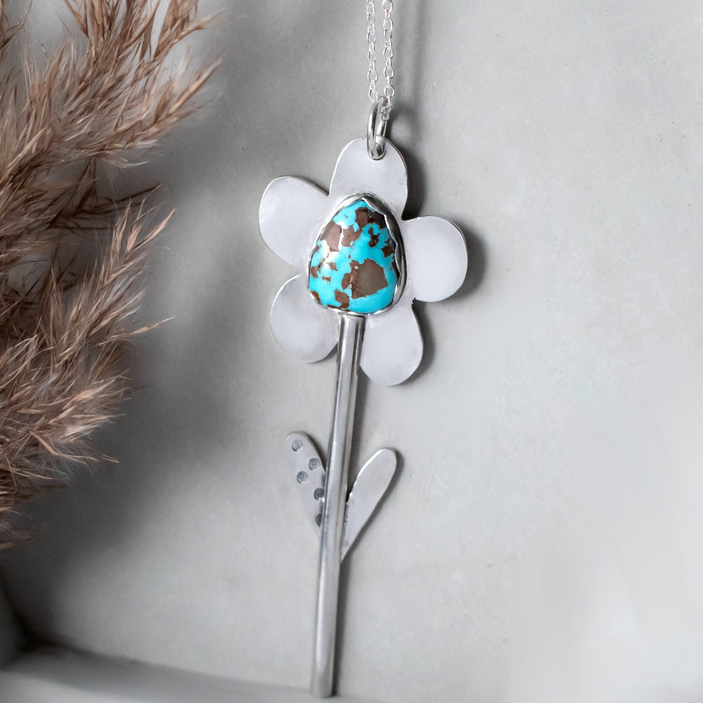 Sterling Silver Spring Flower Necklace With Pilot Mountain Turquoise Stone-Womens-LittleGreenRoomJewelry-LittleGreenRoomJewelry