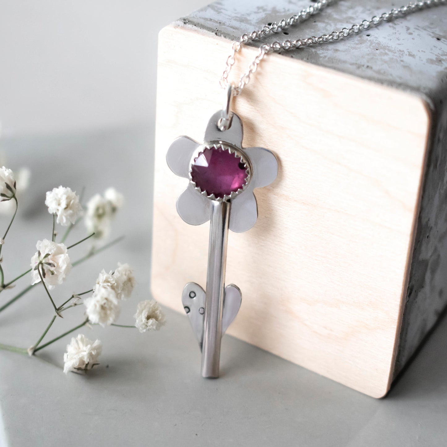 Faceted Pink Sapphire Flower Necklace-Womens-LittleGreenRoomJewelry-LittleGreenRoomJewelry