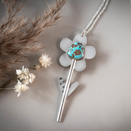 Sterling Silver Spring Flower Necklace With Pilot Mountain Turquoise Stone-Womens-LittleGreenRoomJewelry-LittleGreenRoomJewelry