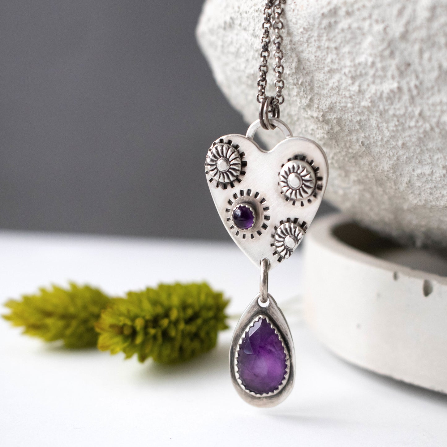 Amethyst Sunflower Heart Necklace-Womens-LittleGreenRoomJewelry-LittleGreenRoomJewelry