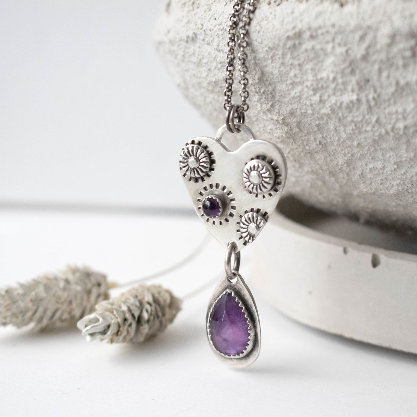 Amethyst Sunflower Heart Necklace-Womens-LittleGreenRoomJewelry-LittleGreenRoomJewelry