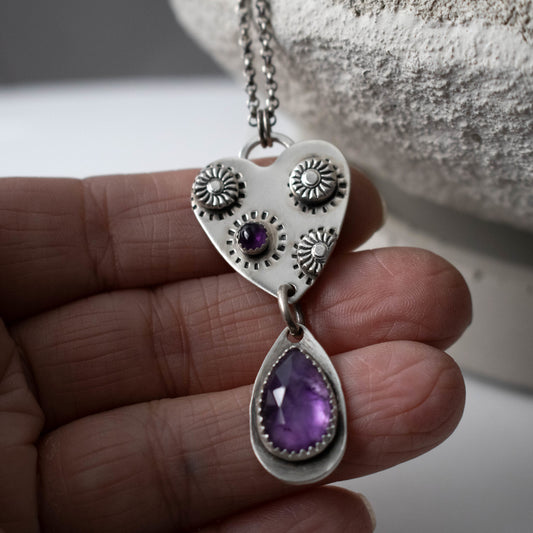 Purple Amethyst Sunflower Heart Necklace-Womens-LittleGreenRoomJewelry-LittleGreenRoomJewelry