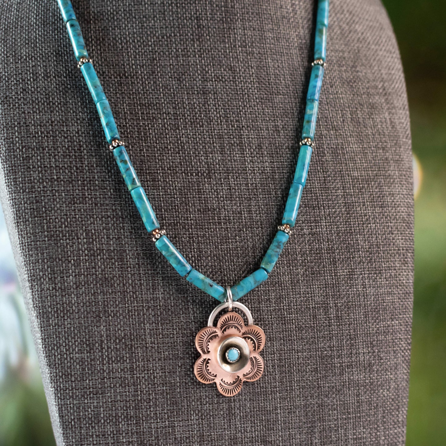 Blue Turquoise Copper Floral Southwest Necklace-Womens-LittleGreenRoomJewelry-LittleGreenRoomJewelry