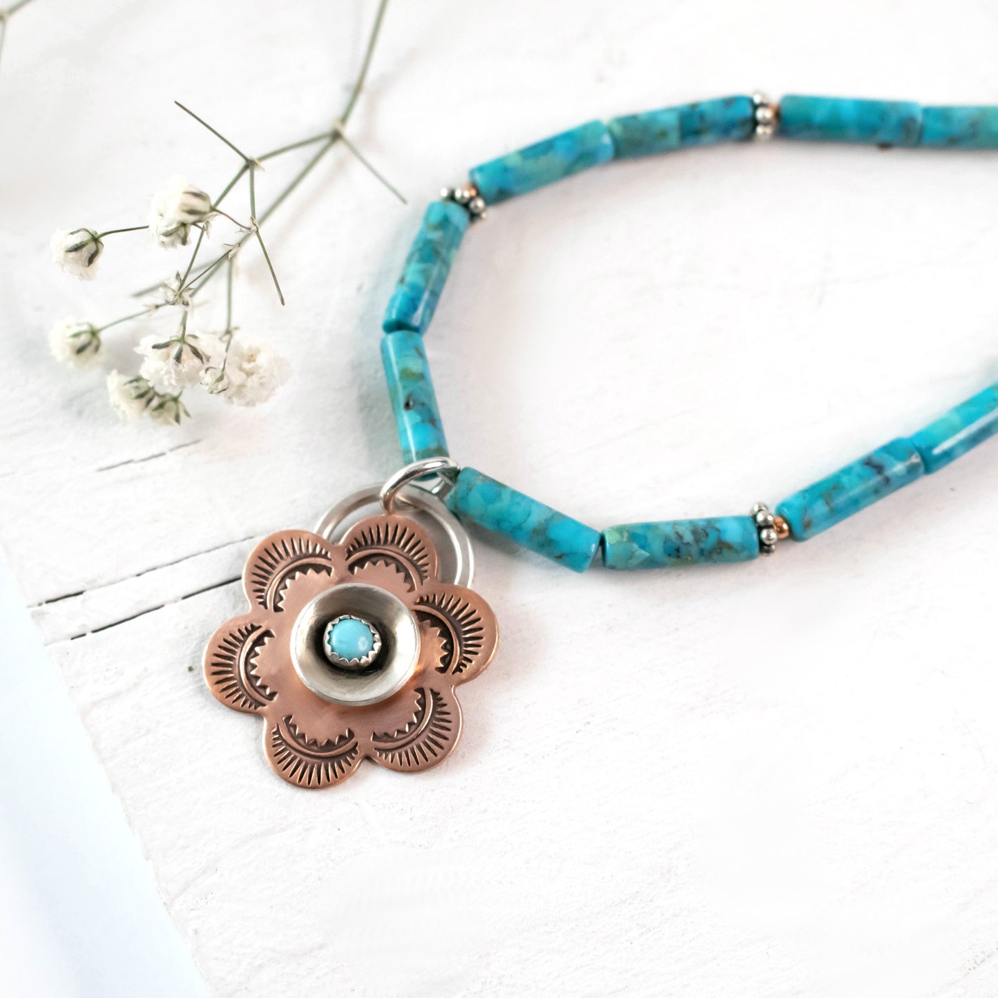 Blue Turquoise Copper Floral Southwest Necklace-Womens-LittleGreenRoomJewelry-LittleGreenRoomJewelry