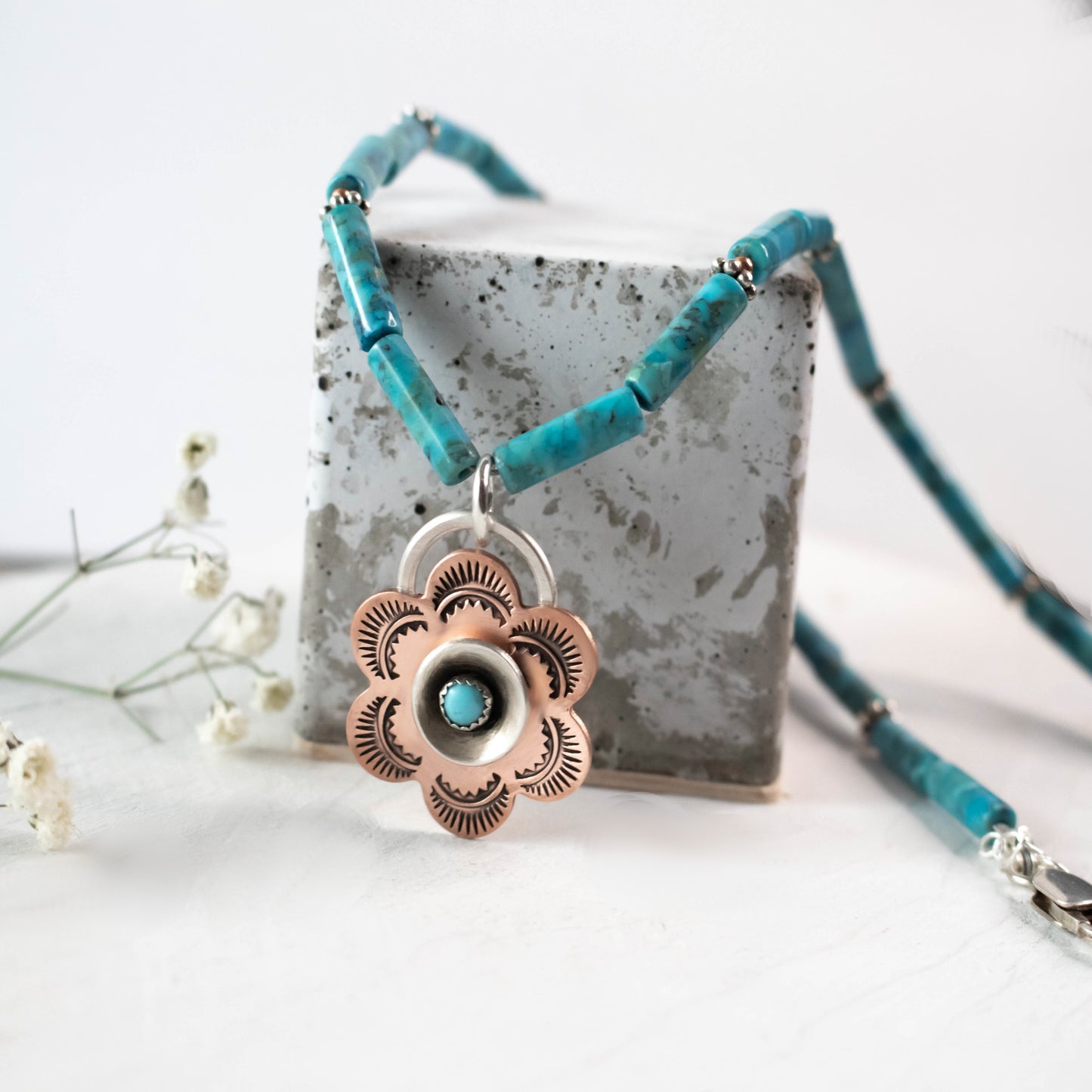 Blue Turquoise Copper Floral Southwest Necklace-Womens-LittleGreenRoomJewelry-LittleGreenRoomJewelry