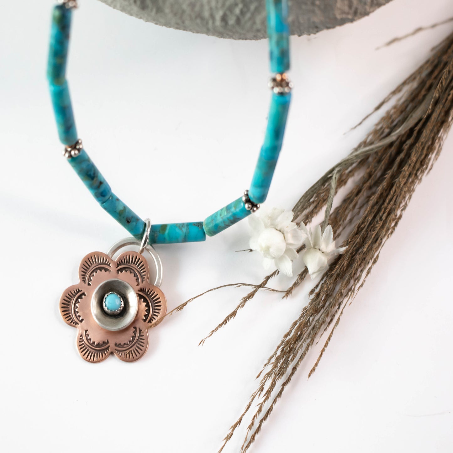 Blue Turquoise Copper Floral Southwest Necklace-Womens-LittleGreenRoomJewelry-LittleGreenRoomJewelry