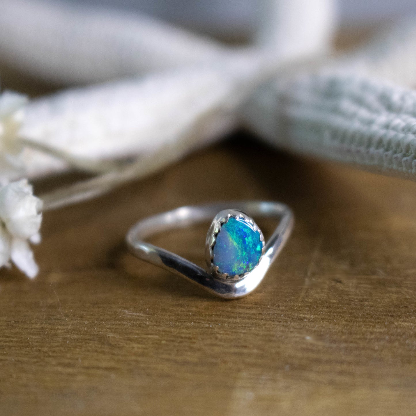 Aqua Fire Australian Opal Stacking Ring-Womens-LittleGreenRoomJewelry-LittleGreenRoomJewelry