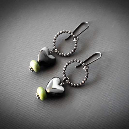 Hematite Heart Earrings With Green Gaspeite-Womens-LittleGreenRoomJewelry-LittleGreenRoomJewelry