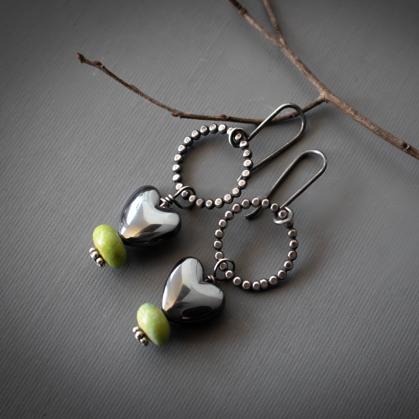 Hematite Heart Earrings With Green Gaspeite-Womens-LittleGreenRoomJewelry-LittleGreenRoomJewelry