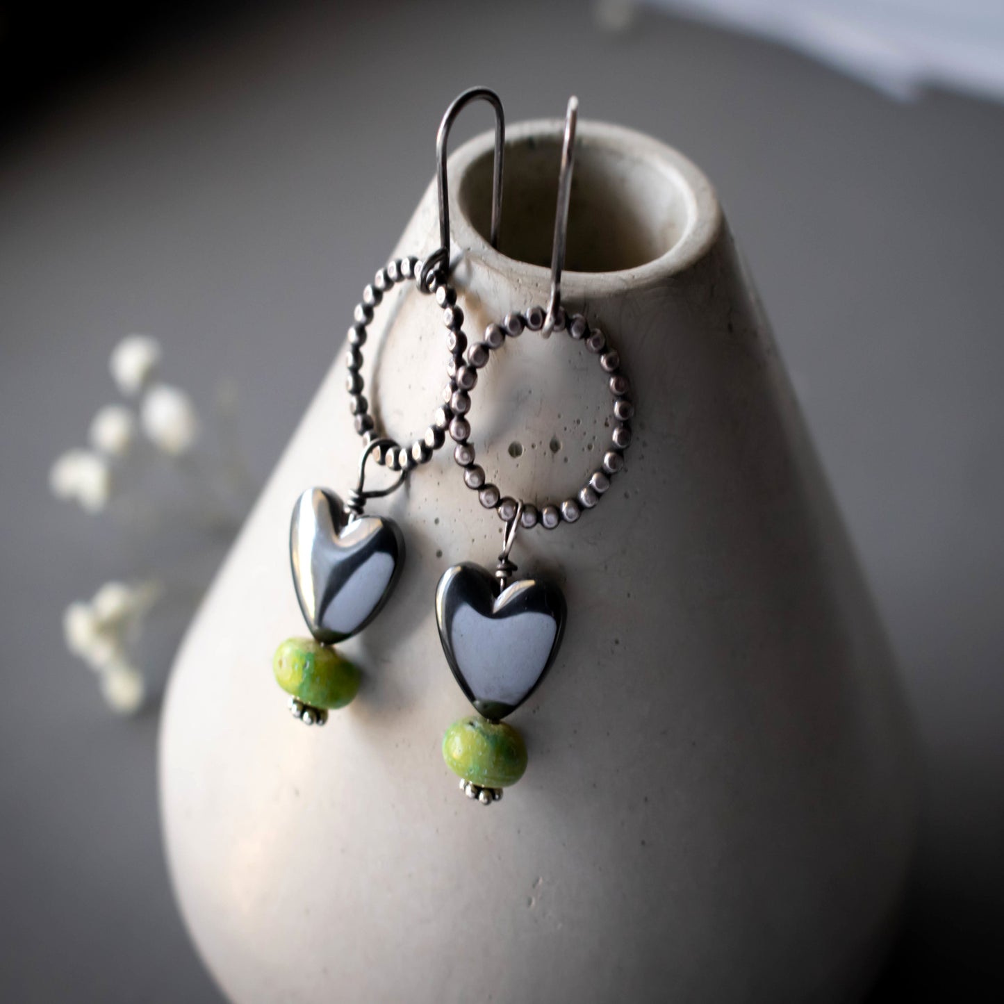 Hematite Heart Earrings With Green Gaspeite-Womens-LittleGreenRoomJewelry-LittleGreenRoomJewelry