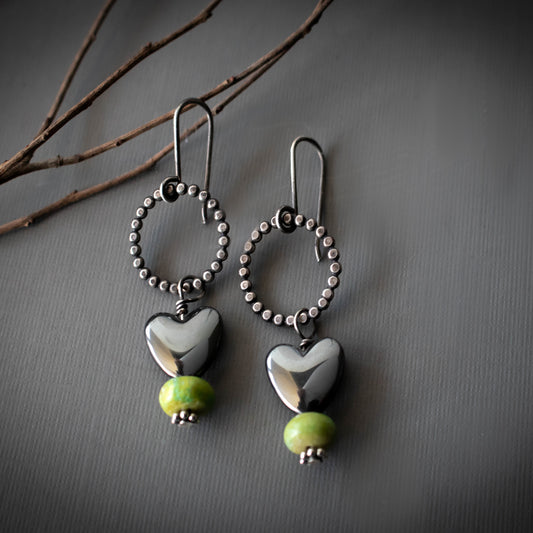 Hematite Heart Earrings With Green Gaspeite-Womens-LittleGreenRoomJewelry-LittleGreenRoomJewelry