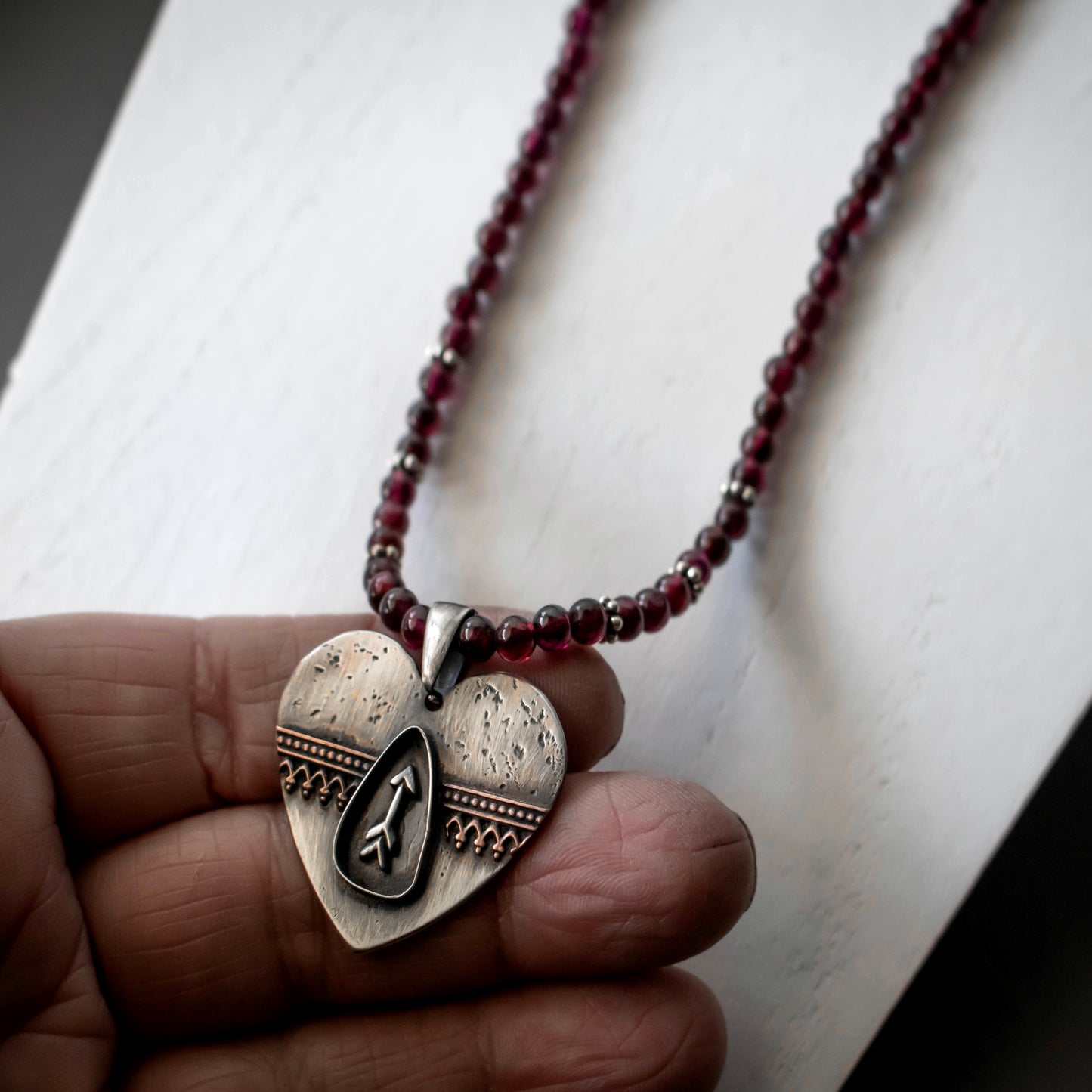 Captured Heart Sterling Silver and Copper Garnet Necklace-Womens-LittleGreenRoomJewelry-LittleGreenRoomJewelry