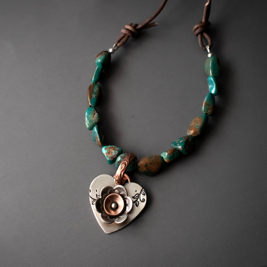 Natures Heart Sterling Silver And Copper Heart Turquoise Necklace-Womens-LittleGreenRoomJewelry-LittleGreenRoomJewelry