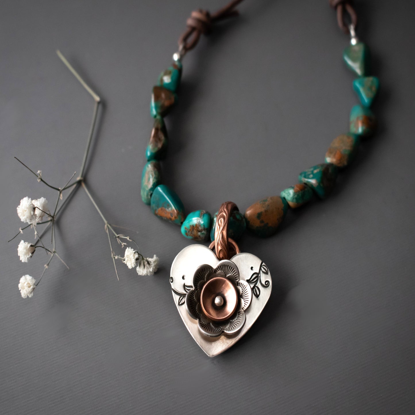 Natures Heart Sterling Silver And Copper Heart Turquoise Necklace-Womens-LittleGreenRoomJewelry-LittleGreenRoomJewelry