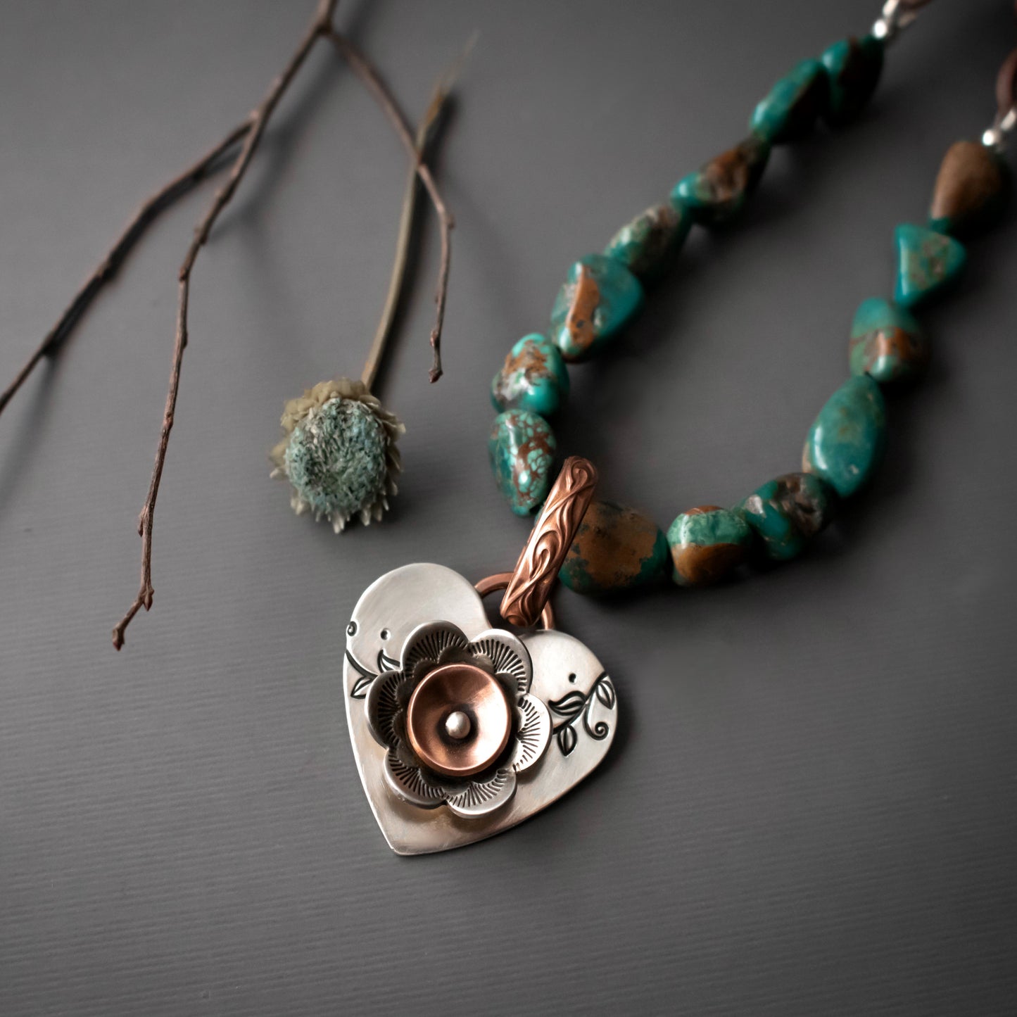 Natures Heart Sterling Silver And Copper Heart Turquoise Necklace-Womens-LittleGreenRoomJewelry-LittleGreenRoomJewelry