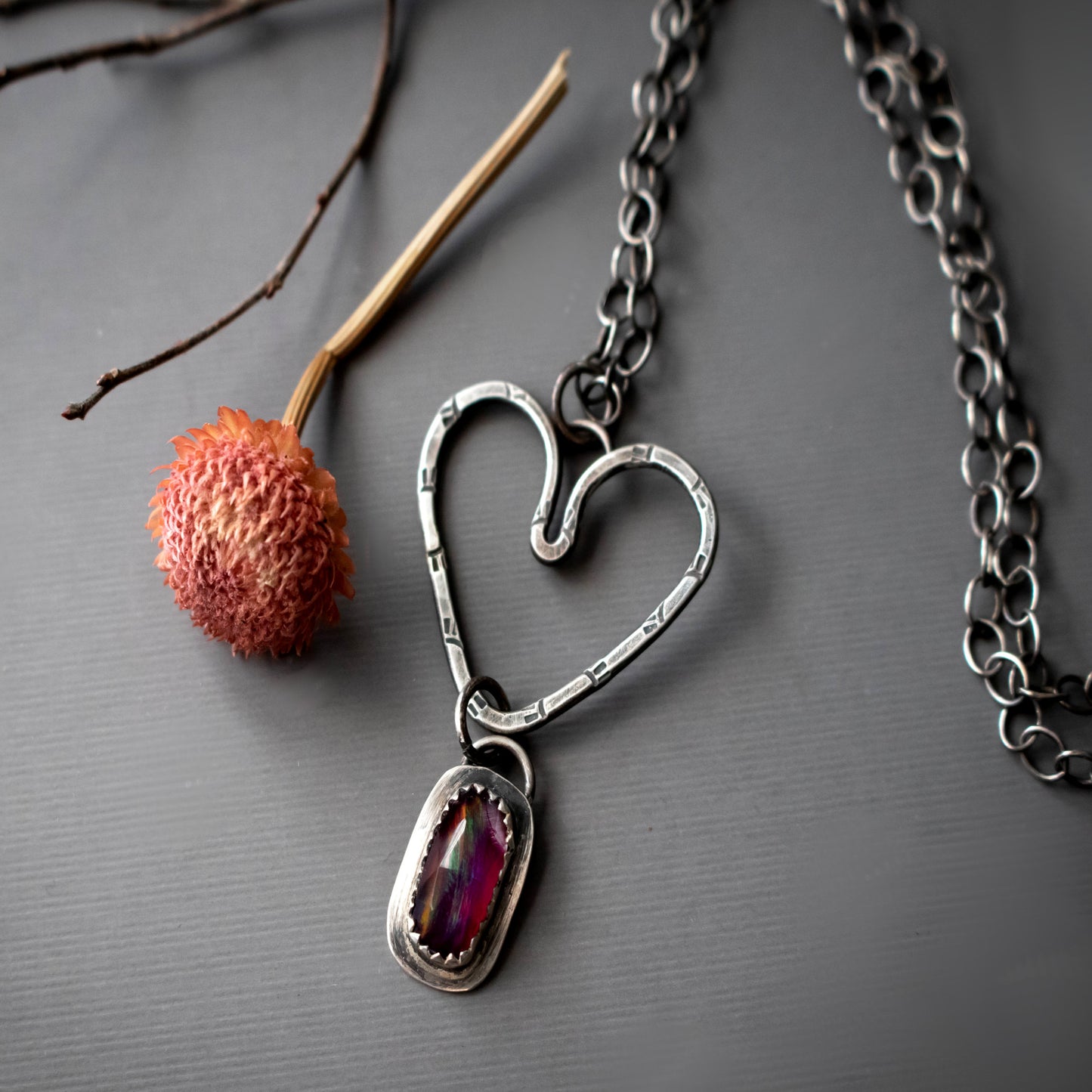 Raspberry Aurora Opal Heart Charm Necklace-Womens-LittleGreenRoomJewelry-LittleGreenRoomJewelry