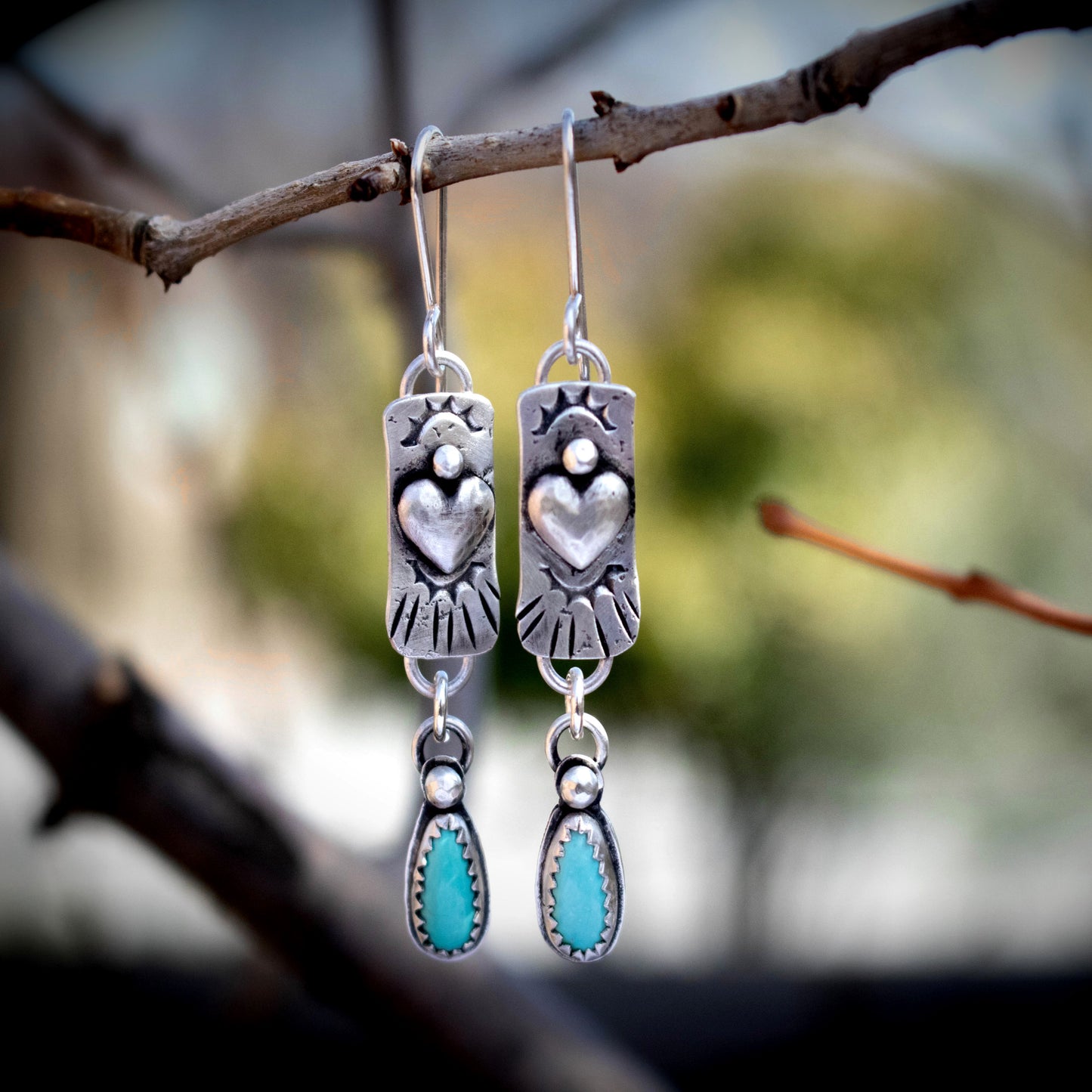 Natural Lone Mountain Turquoise Heart Drop Earrings-Womens-LittleGreenRoomJewelry-LittleGreenRoomJewelry