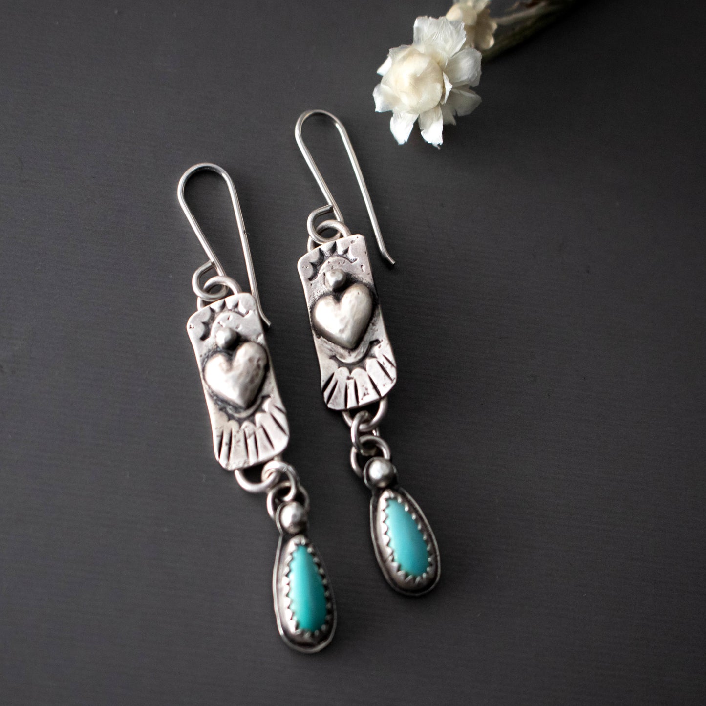 Natural Lone Mountain Turquoise Heart Drop Earrings-Womens-LittleGreenRoomJewelry-LittleGreenRoomJewelry