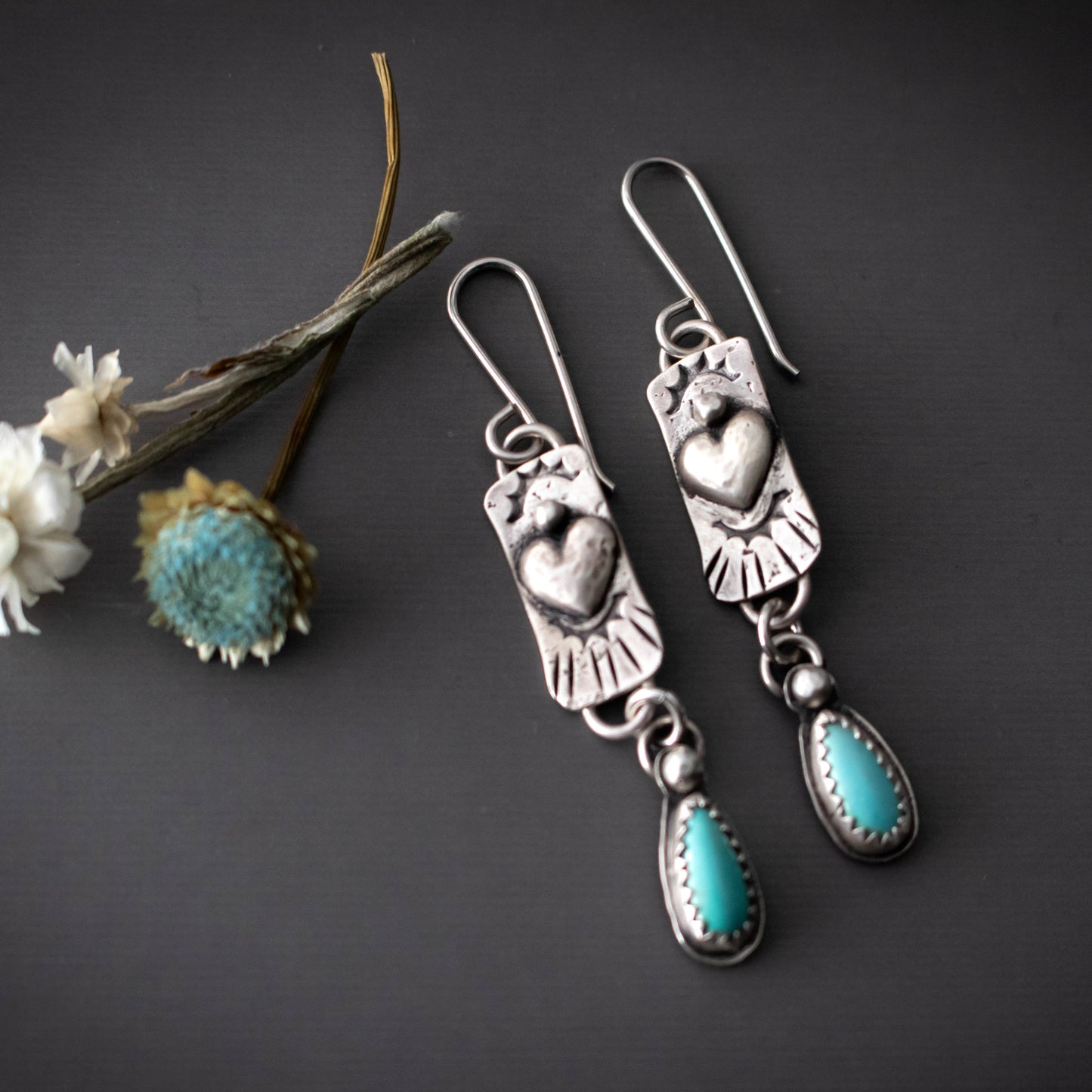 Natural Lone Mountain Turquoise Heart Drop Earrings-Womens-LittleGreenRoomJewelry-LittleGreenRoomJewelry