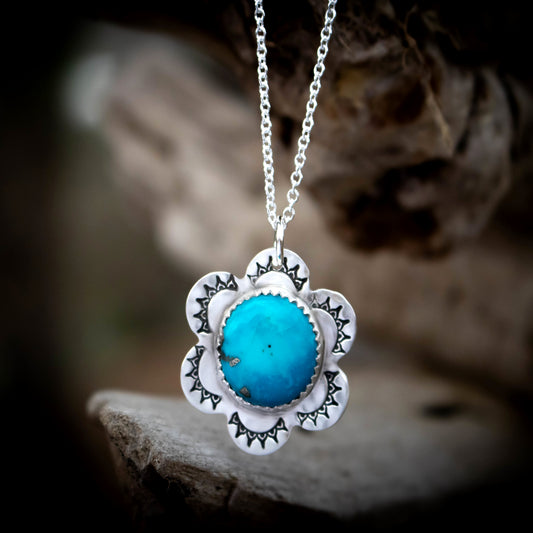 Forever Blue Persian Turquoise Sterling Silver Flower Necklace-Womens-LittleGreenRoomJewelry-LittleGreenRoomJewelry
