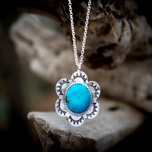 Forever Blue Persian Turquoise Sterling Silver Flower Necklace-Womens-LittleGreenRoomJewelry-LittleGreenRoomJewelry